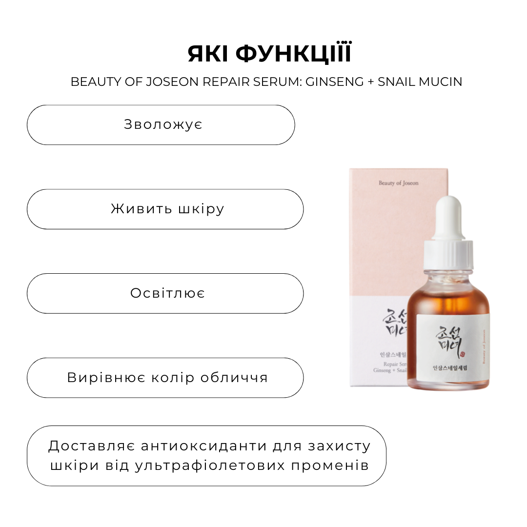 Ампула на основі гідролата женьшеню і муцину BEAUTY OF JOSEON Repair Serum: Ginseng + Snail Mucin , 30мл - Зображення 2